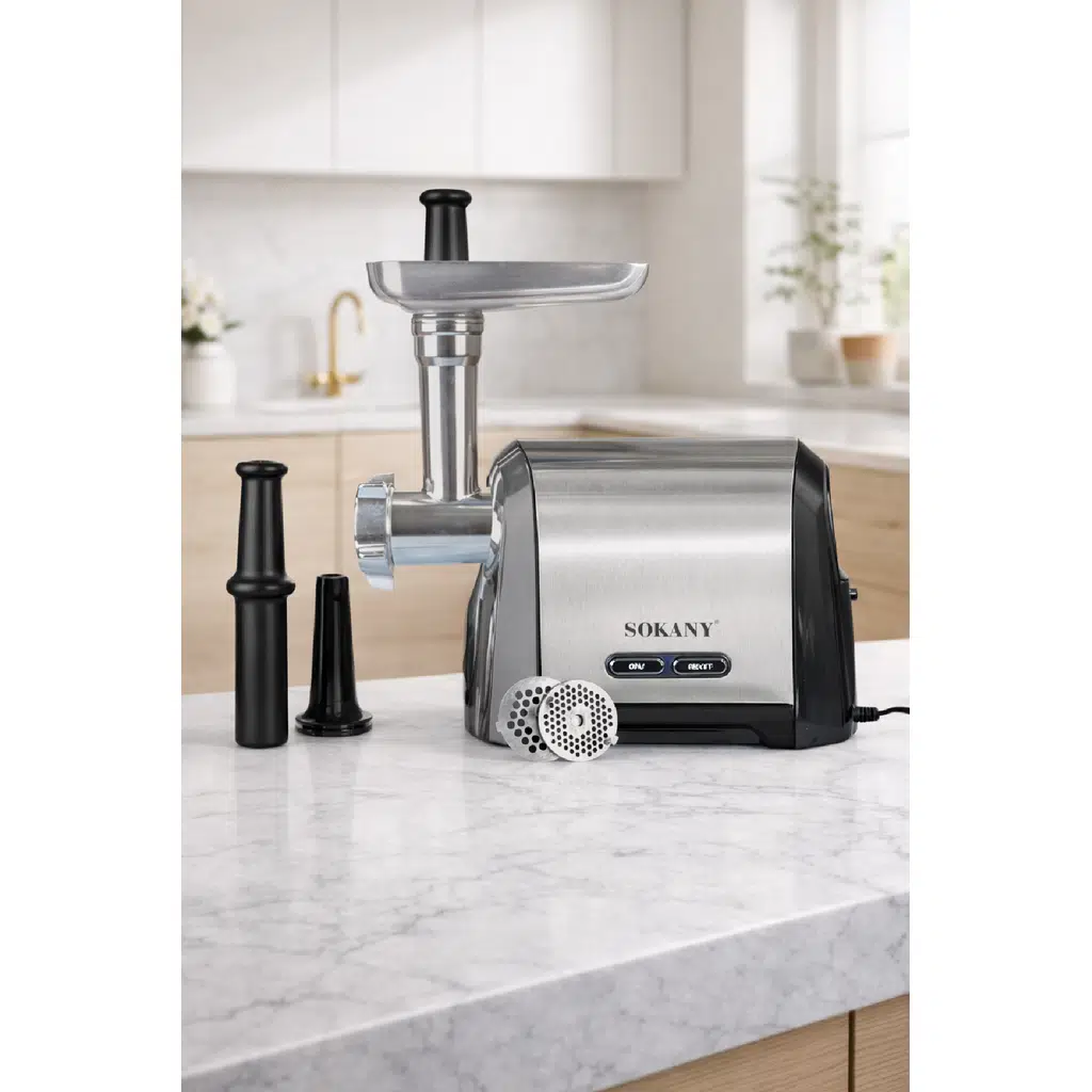 Sokany Paslanmaz Çelik Kıyma Makinesi 2500W, Metal Dişli Sistemli, Sosis ve İçli Köfte Aparatlı SK-088